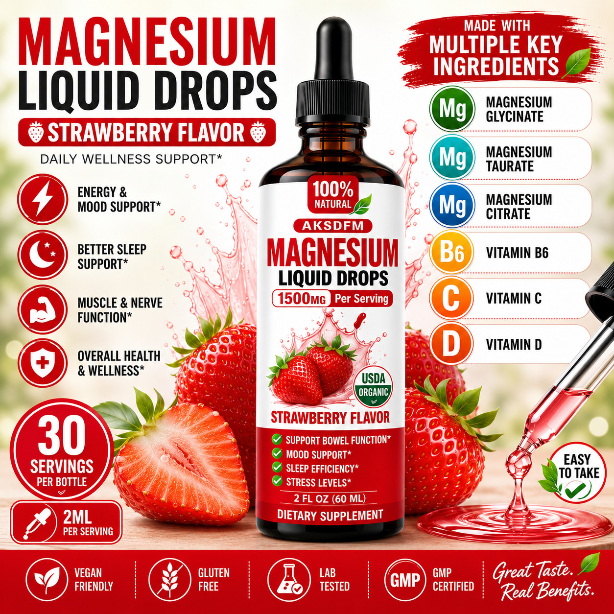 3 Flavor Magnesium Liquid Drops 1500mg Lemon Pineapple Strawberry 60ml Each