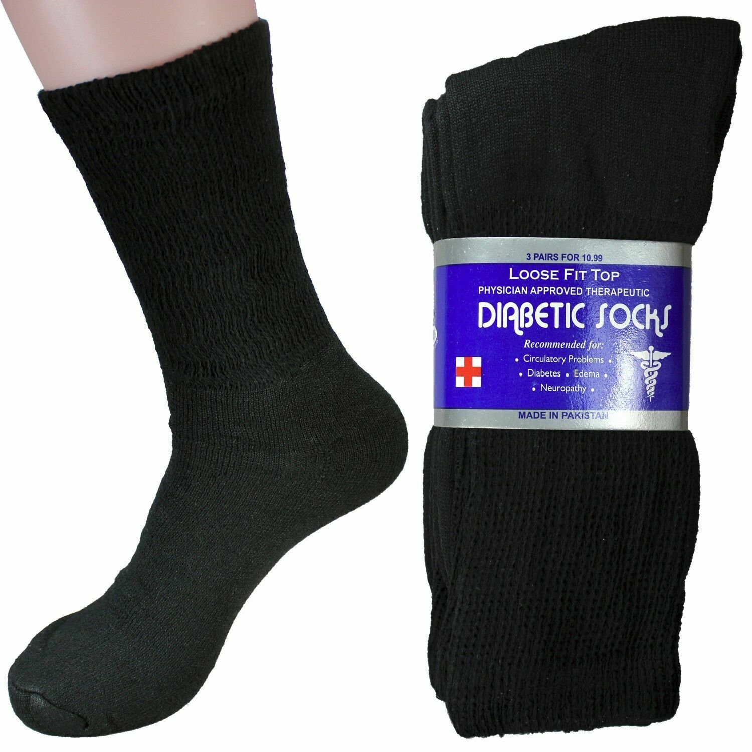 12 Pairs Men’s Black Diabetic Crew Socks Circulatory Health Cotton Loose Fit Top
