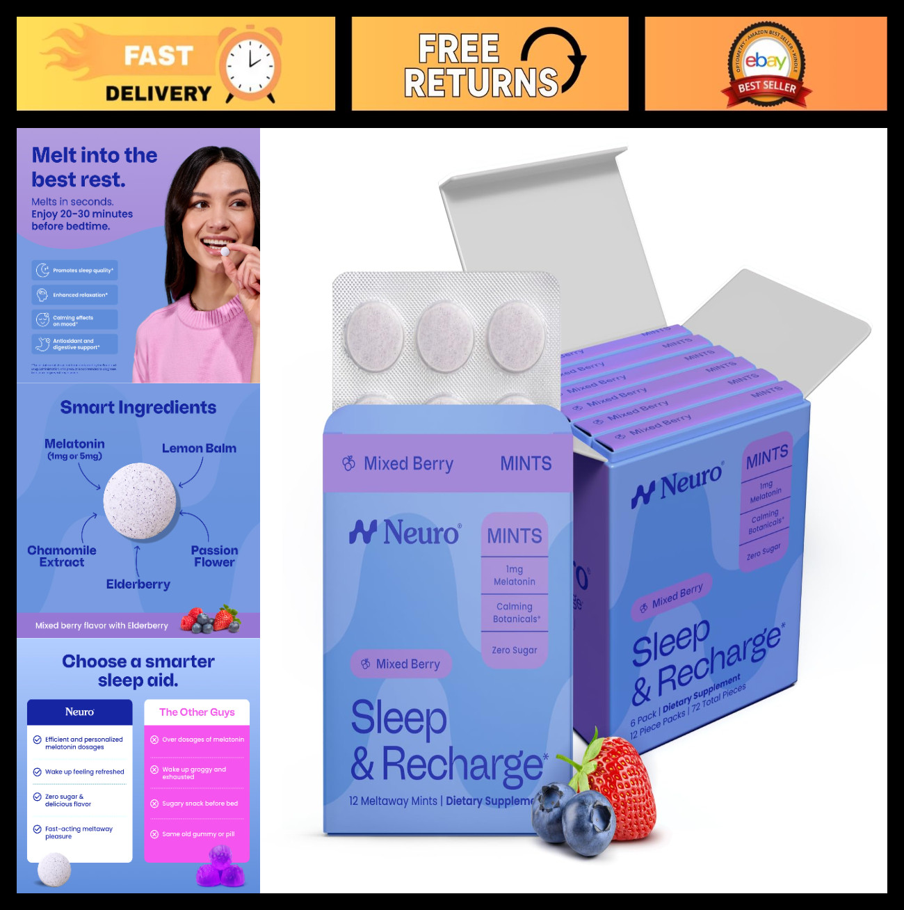 Sleep Aid Meltaway Mints with Melatonin, Chamomile & Elderberry – 72 ct for Rela
