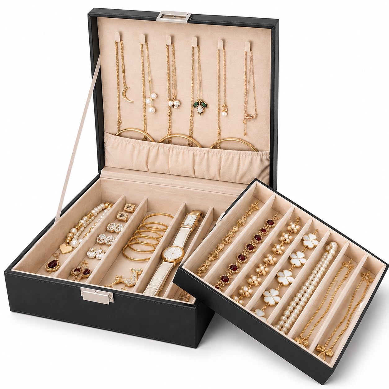 BEWISHOME Jewelry Box Organizer, 2-Layer 10.31 x x 3.74 inches, Black