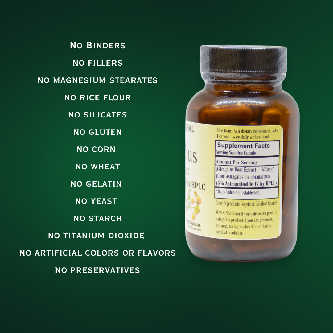 ASTRAGALUS EXTRACT – 5% Astragalosides by HPLC – Stearate Free, Glass Bottles!
