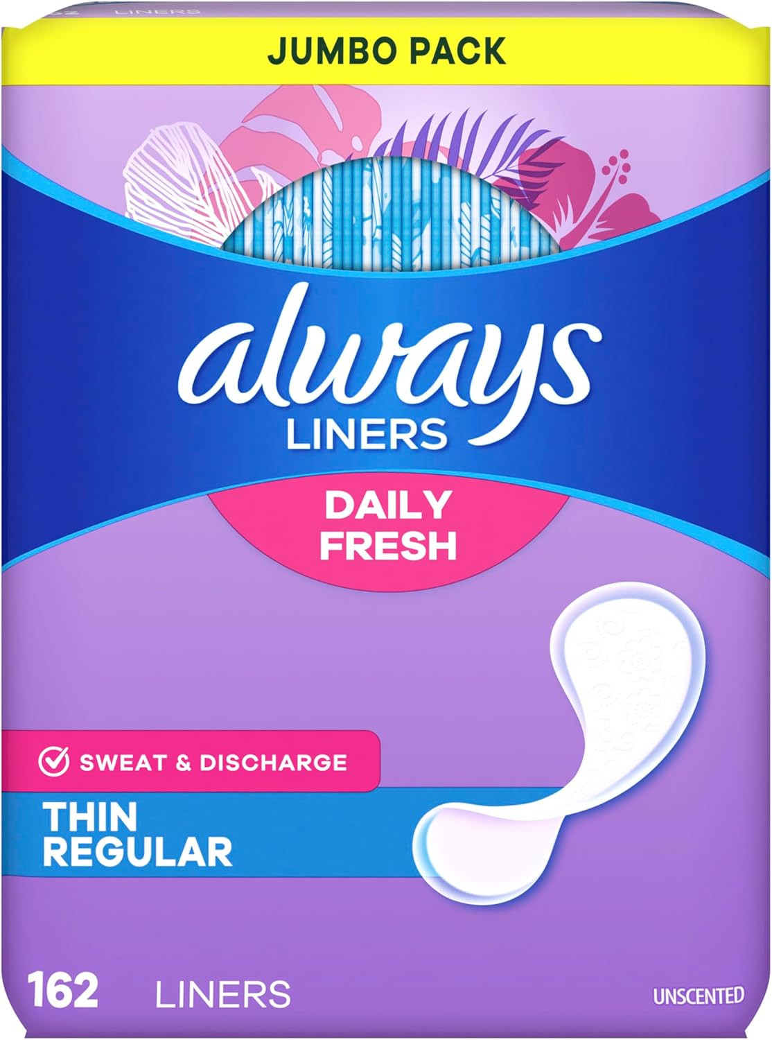 Always Daily Fresh Thin Liners, Regular Absorbency, Unscented Panty Liners, 162