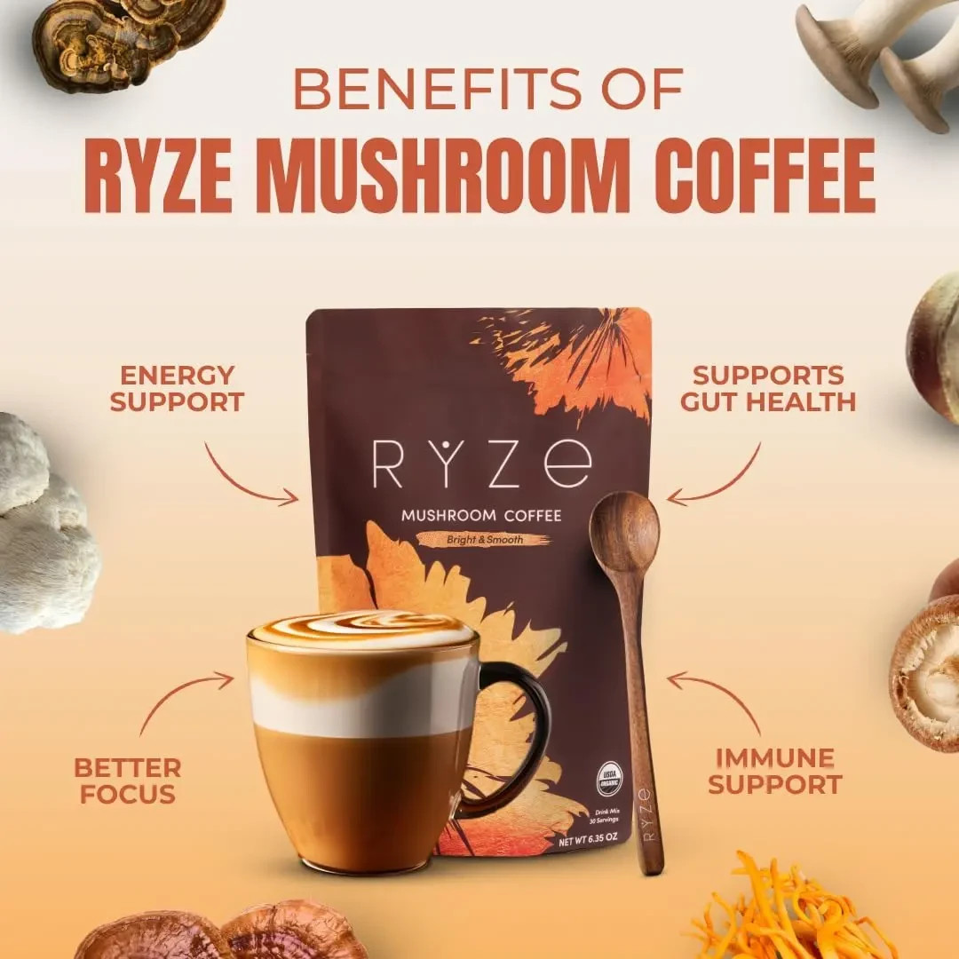 RYZE Mushroom Coffee USDA Organic with 6 Adaptogenic Mushrooms 30 servings New