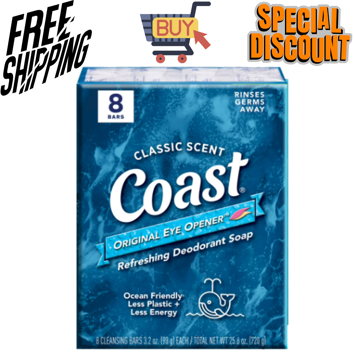 Coast Refreshing Deodorant Bar Soap, for All Skin Types, Classic Scent, 3.2 oz,