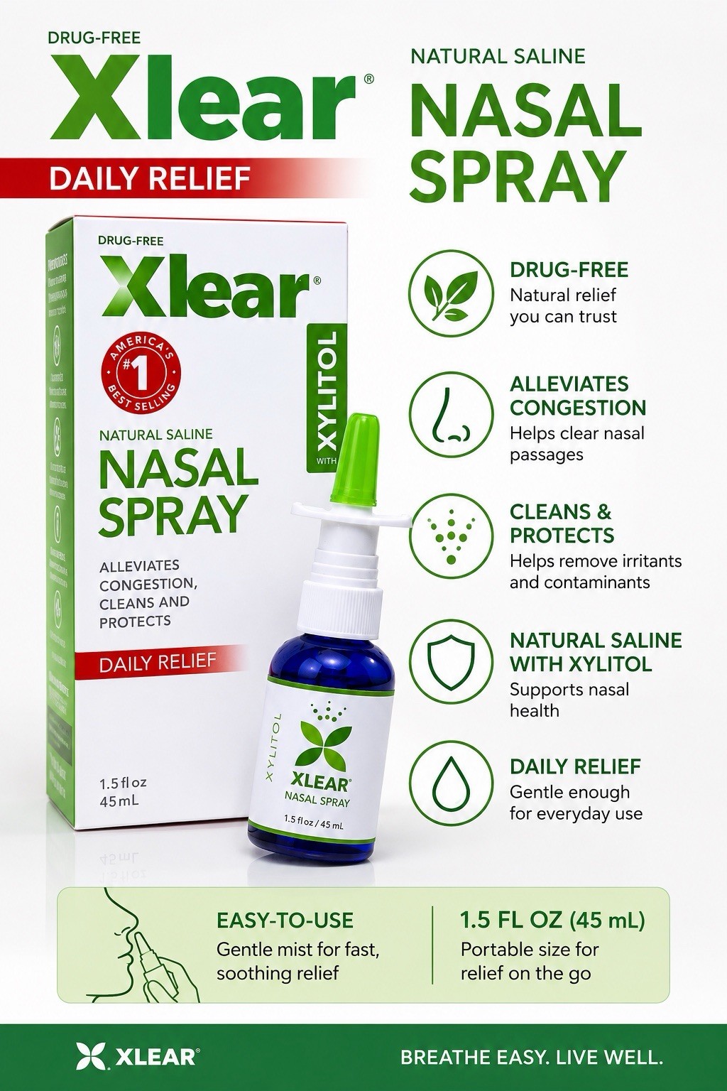 3 PACK Xlear Natural Saline Nasal Spray with Xylitol – (1.5 fl oz / 45 mL Each)