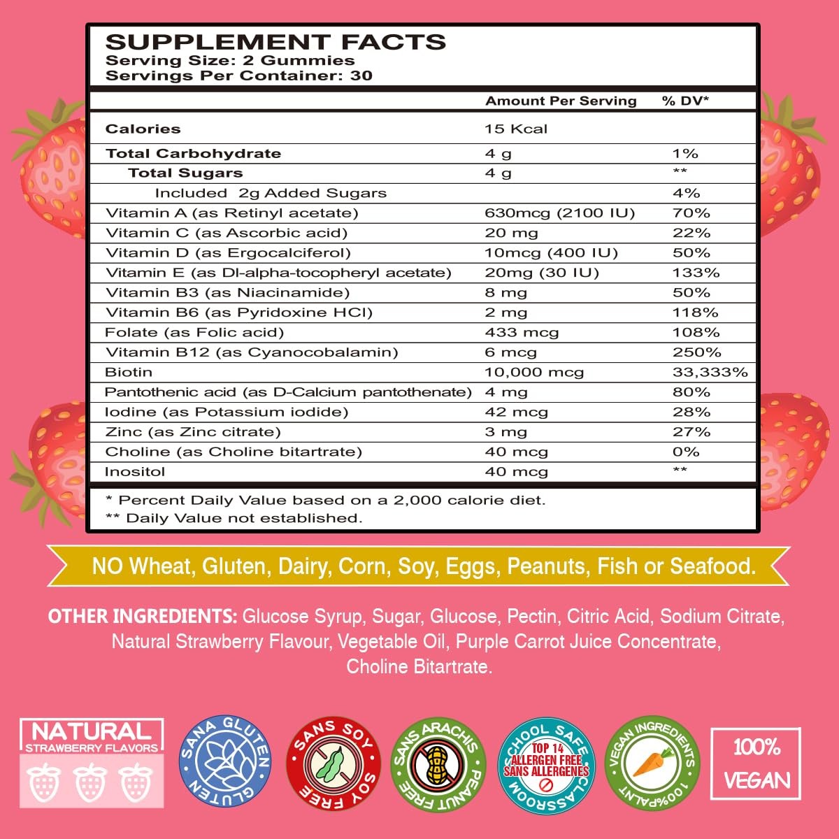 VEGEPOWER Biotin Gummies for Hair Growth 10000mcg 60 Count (Pack of 1), Pink
