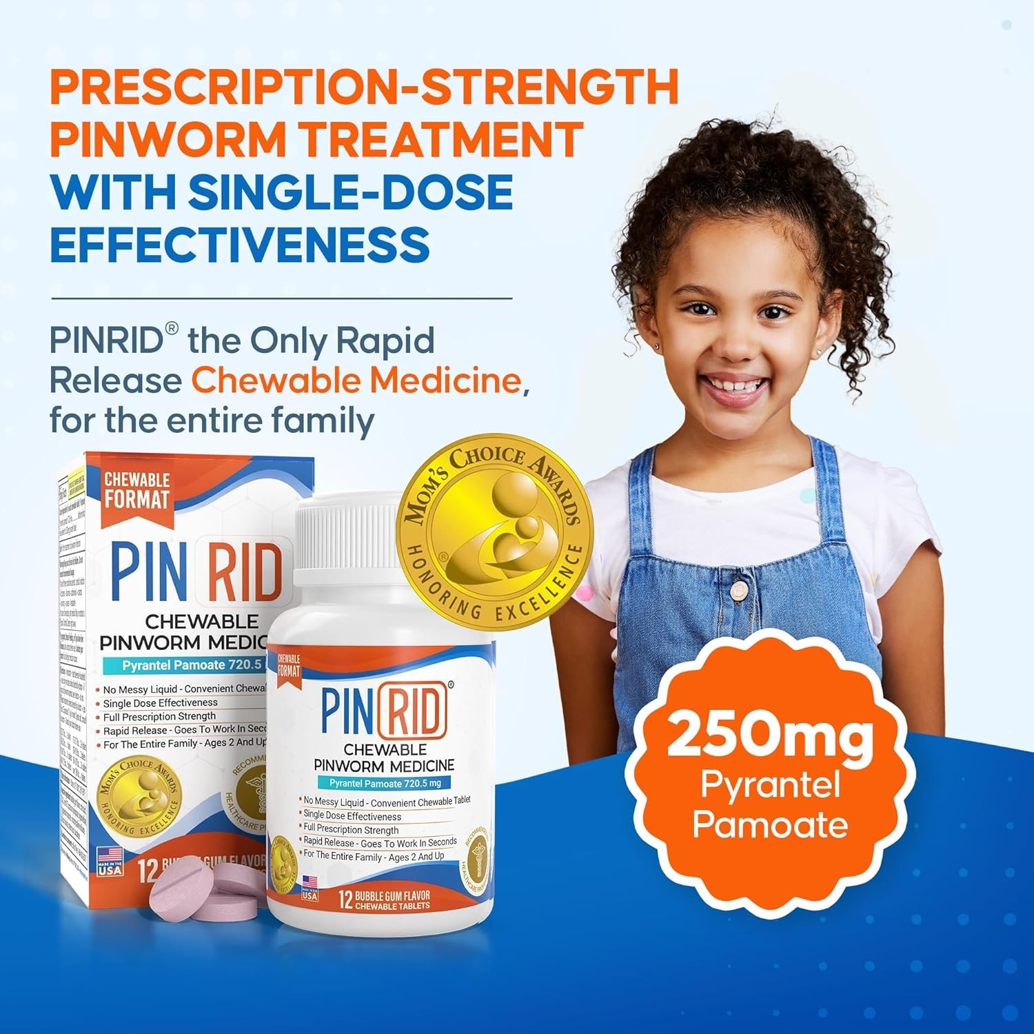PIN RID – Pinworm Medicine for Family 2+, Bubble Gum Chewable Tablets (12 Doses)