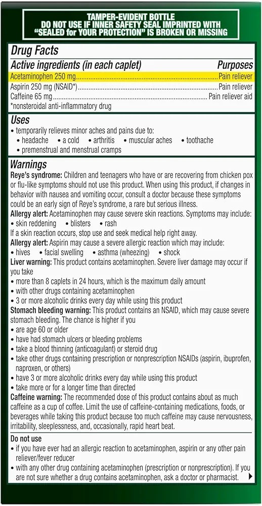 Excedrin Extra Strength Pain Relief Caplets Headache Aspirin Caffeine 200 Count