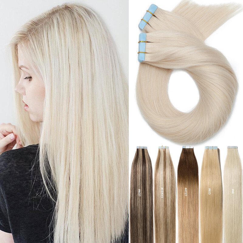 150g Straight Thick 60pcs Tape In Human Hair Extensions Skin Wefts #Bleach White