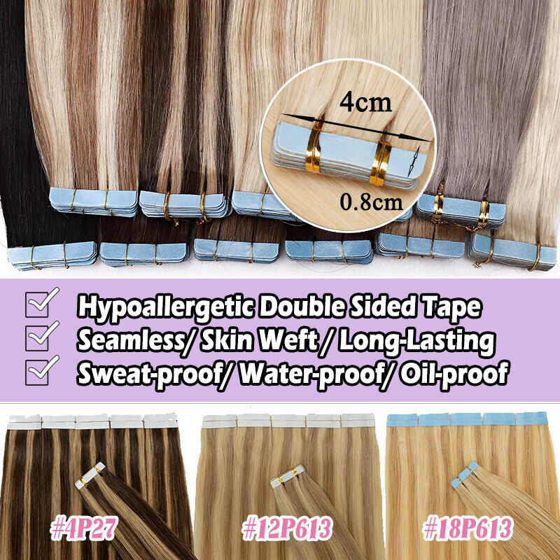 40PCS Tape In On Stick Remy Human Hair Extensions Skin Weft 10″-24″ Thick Blonde