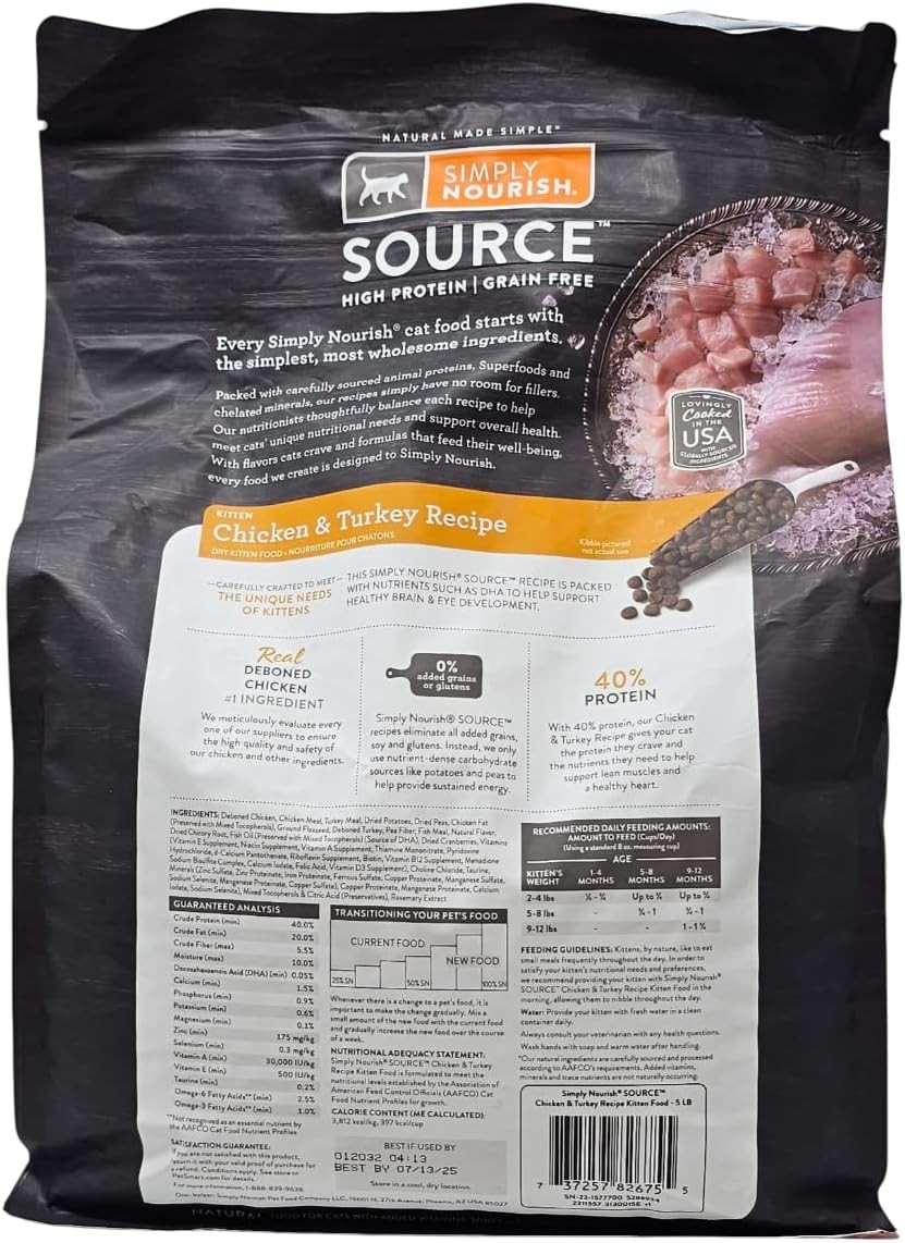 SIMPLY NOURISH Source High Protein Kitten Chicken and Turkey Dry Cat Food,5 Poun