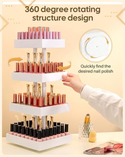 Nail Polish Display Stand and Storage: 360 Degree Rotating Bamboo XL White