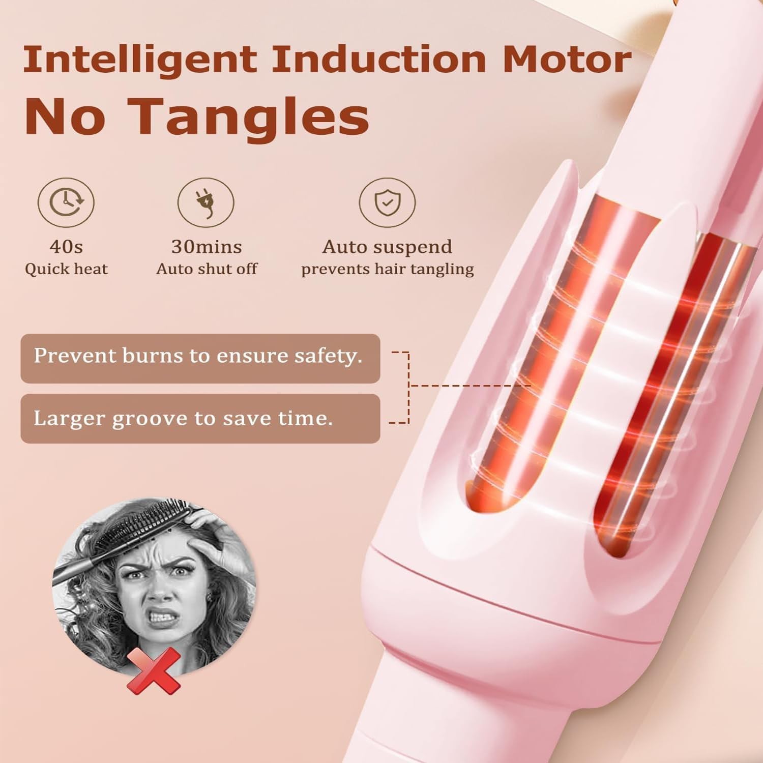 Rotating Curling Iron Automatic with 4 Temperature 3 Timer for Hair Pink Curling
