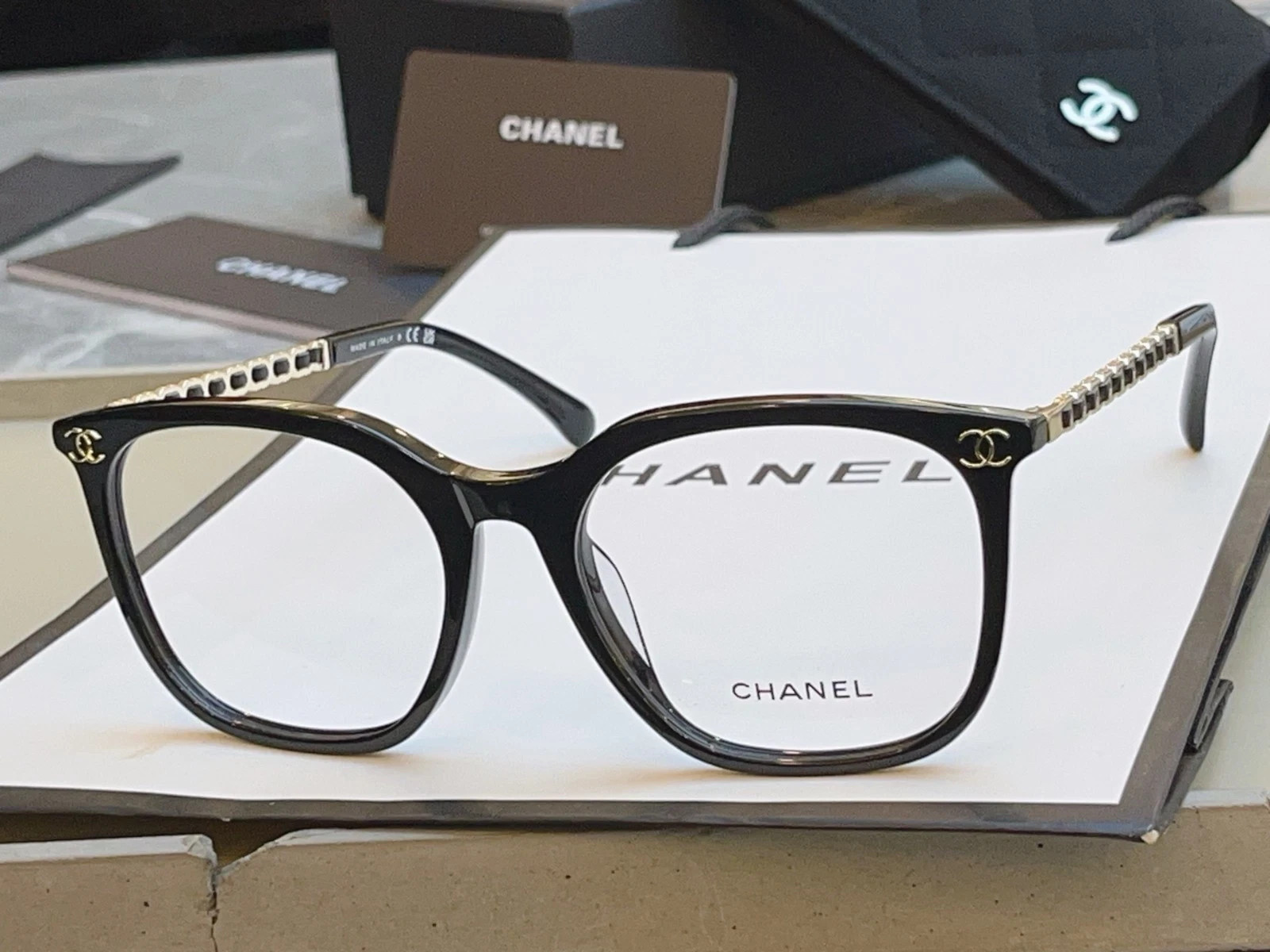Chanel 3435 black rectangular frame transparent lenses 54 20-140 women’s glasses
