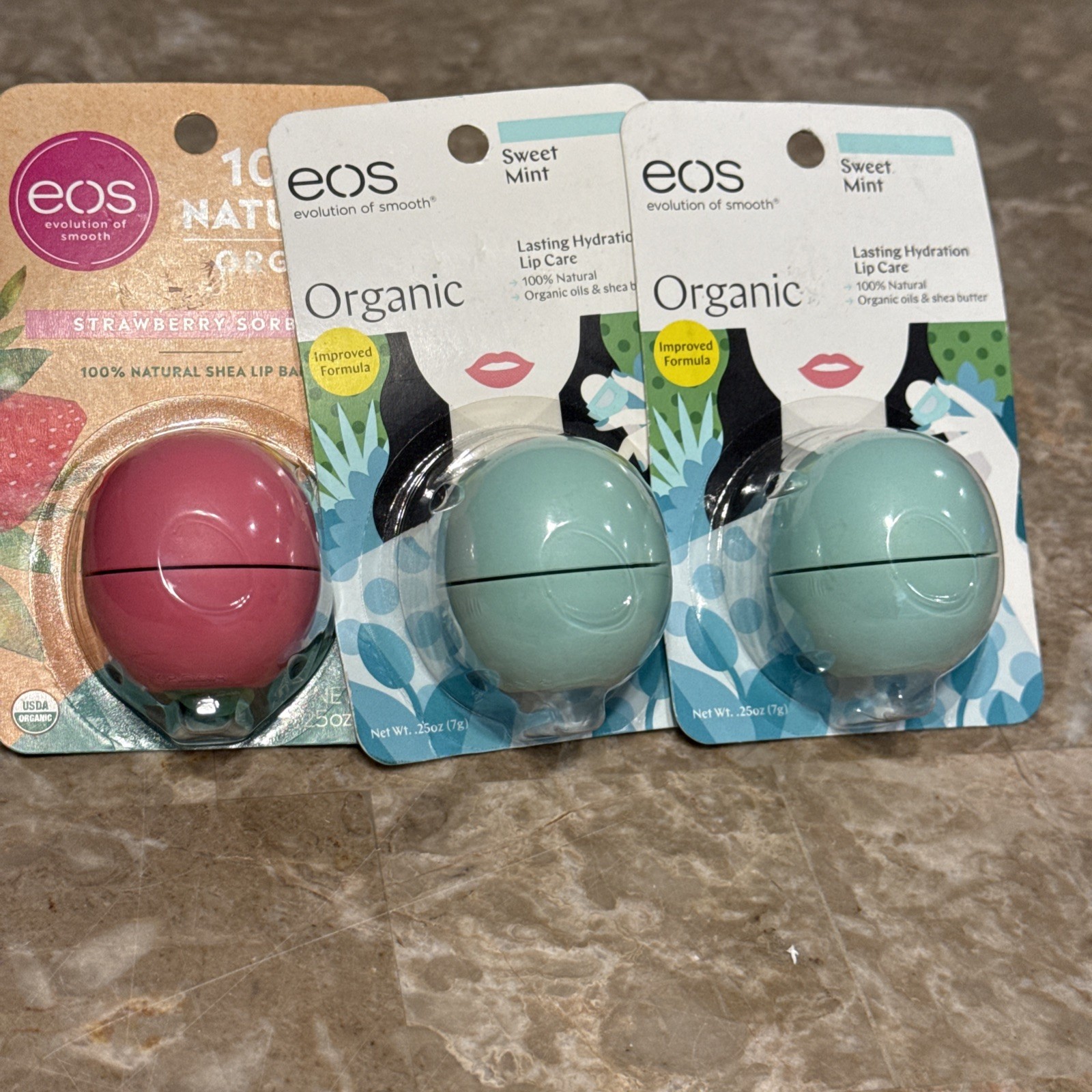 THREE eos 100% Natural & Organic Lip Balm ~ 2 SWEET MINT & 1 STRAWBERRY SORBET
