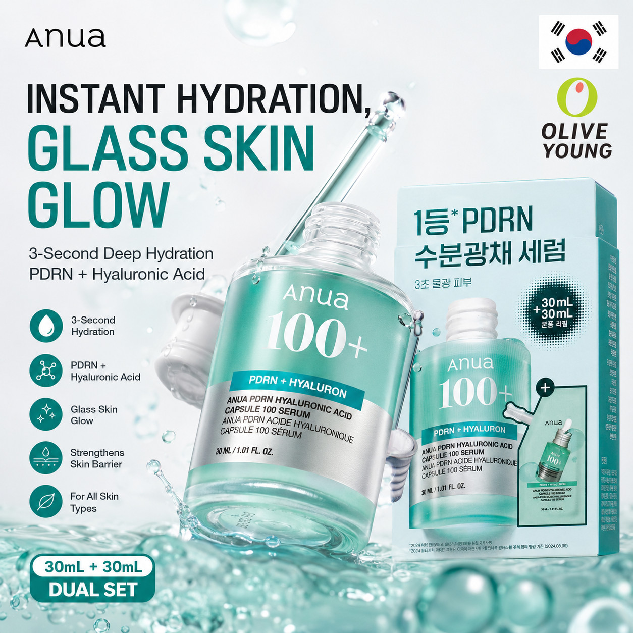 Anua PDRN Hyaluronic Acid Serum 30ml+30ml Glass Skin Korean Skincare,