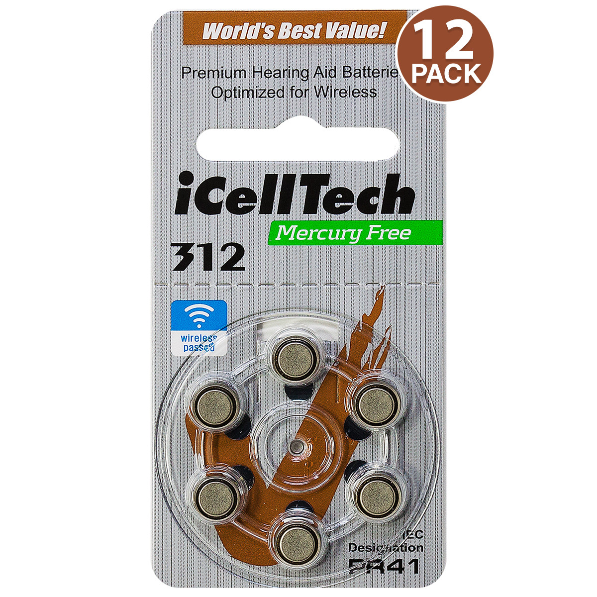 iCellTech Size 312 1.45V Zinc Air Hearing Aid Batteries (12 Pack)