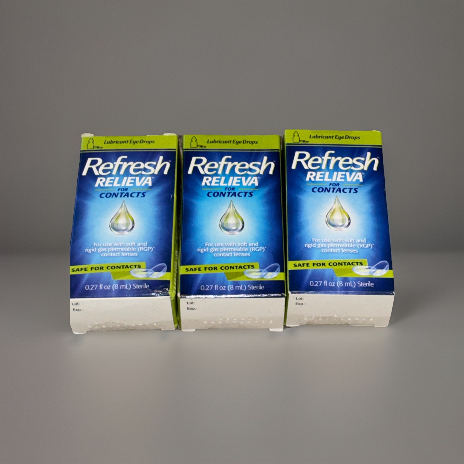 3 Boxes REFRESH RELIEVA * FOR CONTACTS * Eye Drops 0.27oz (8mL) Exp 4/2027