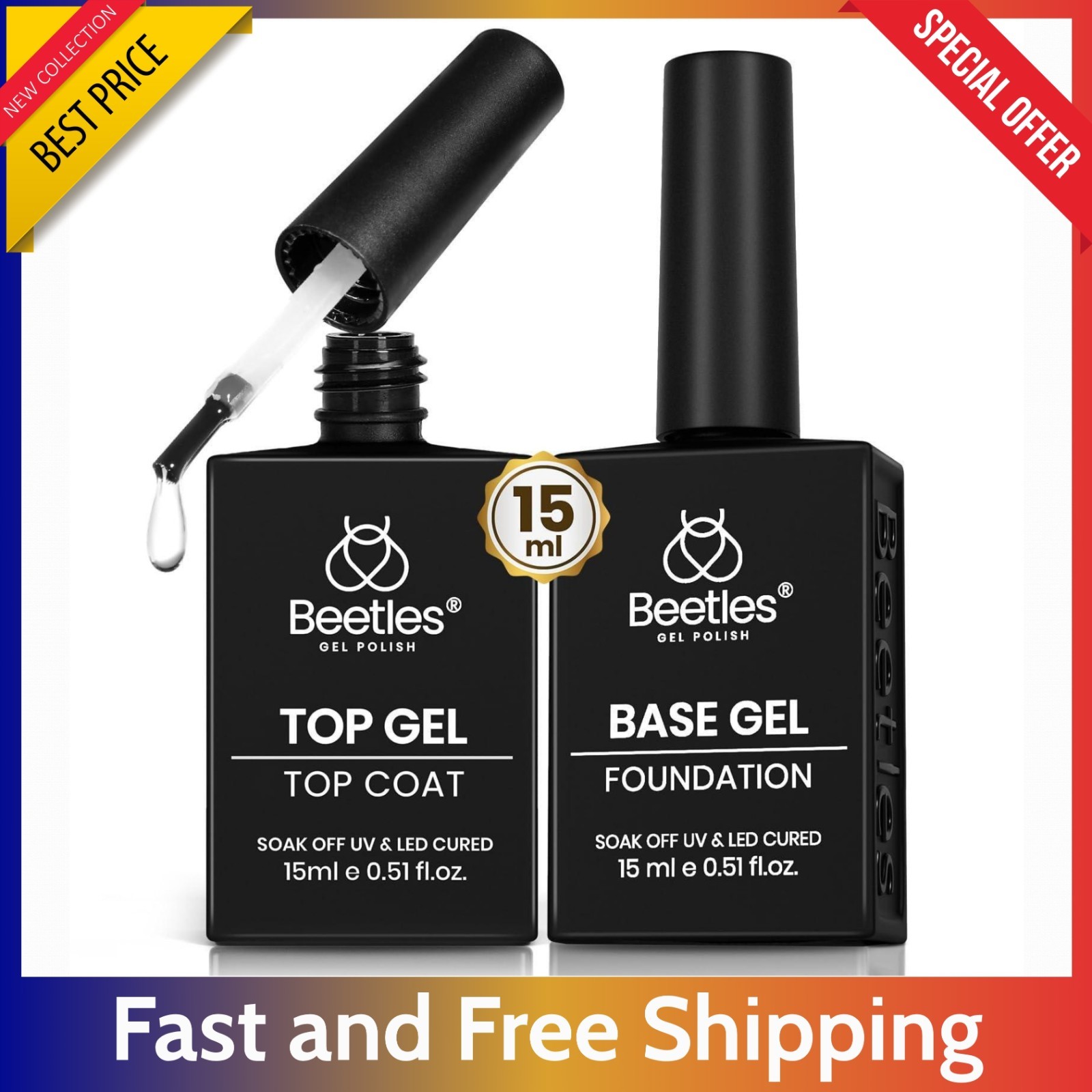 No Wipe Gel Top & Base Coat Set 2×15 ml – Super Shiny UV LED Nail Art Polish Gel
