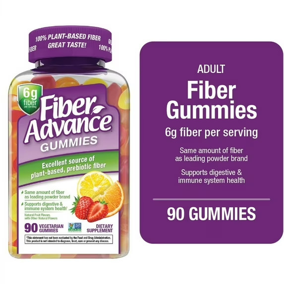 Fiber Advance Plant Based Prebiotic Fiber Supplement Gummies, Natural Fruit, 90