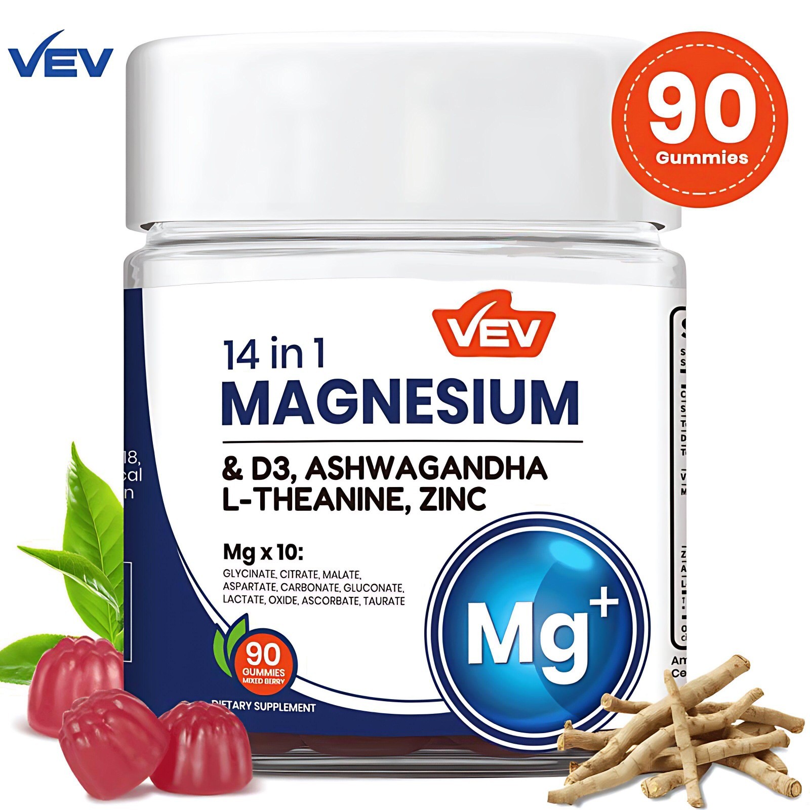 VEV 14-in-1 Magnesium Gummies Ashwagandha L-Theanine D3 Zinc Calm Sleep Daily
