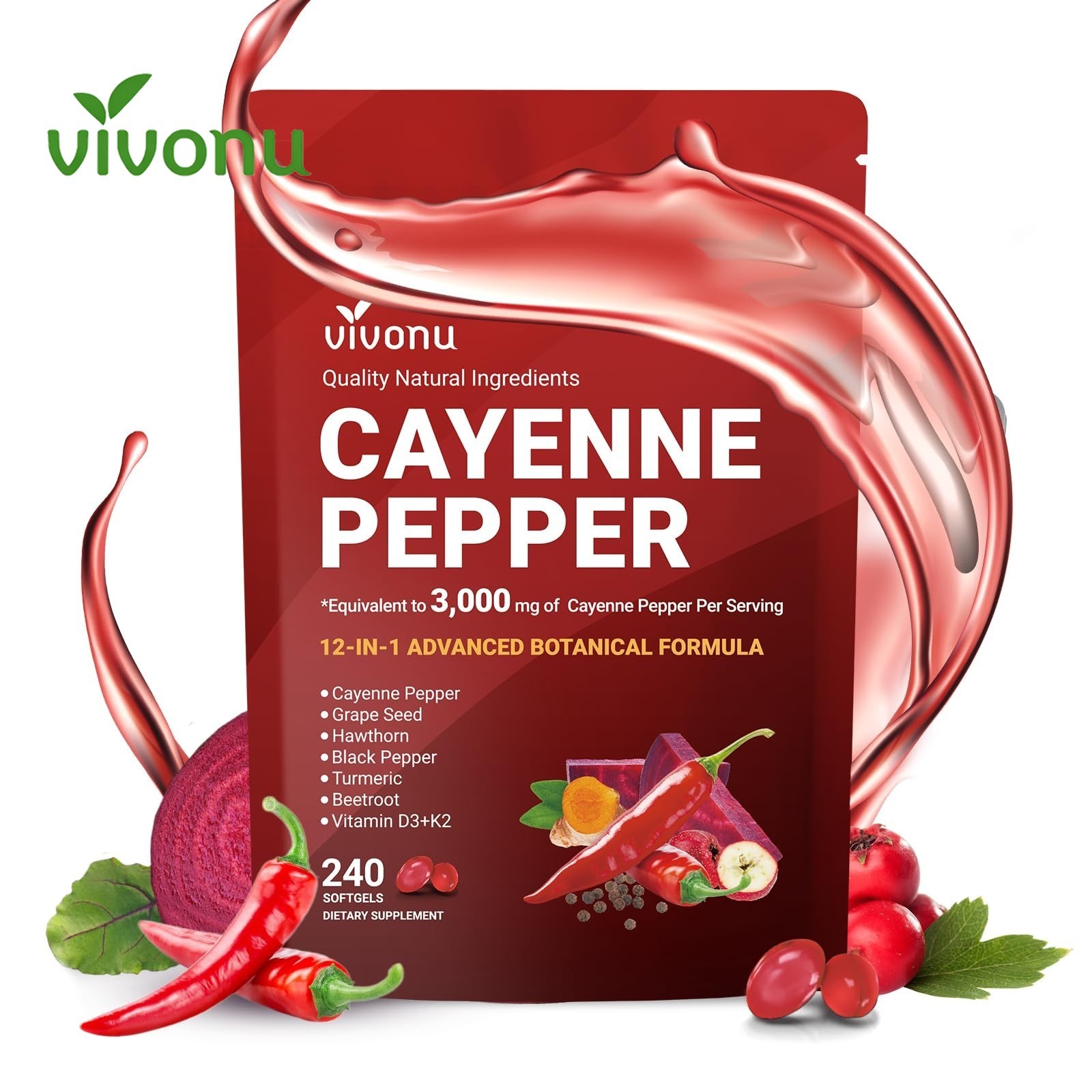VivoNu Cayenne Pepper Softgels 240ct Supplement Digestive Energy Support