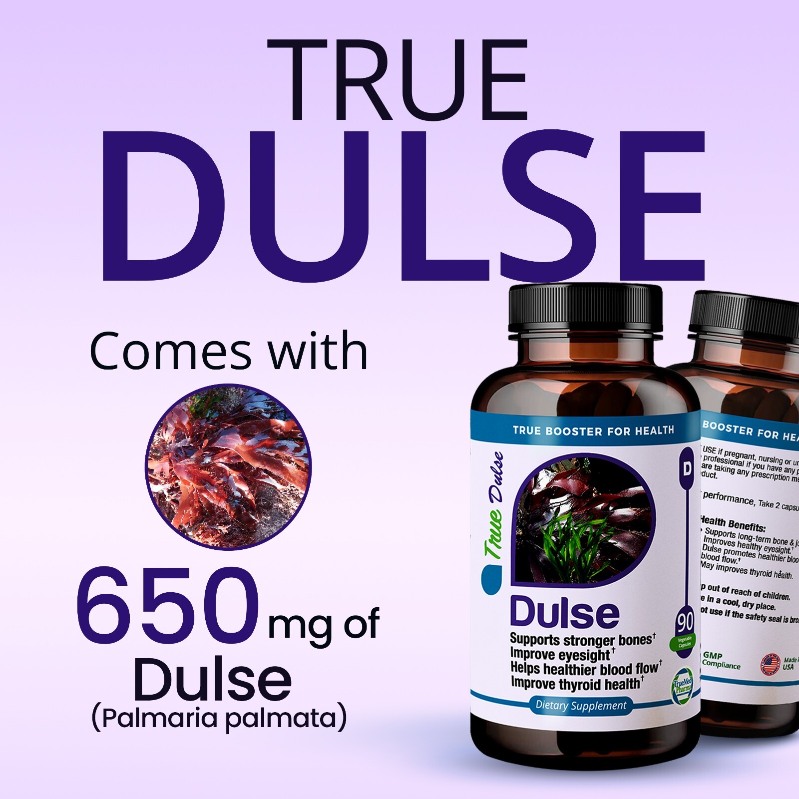 TrueMed Dulse Support Strong Bones Thyroid Health Blood Flow 650 mg 90 Capsules