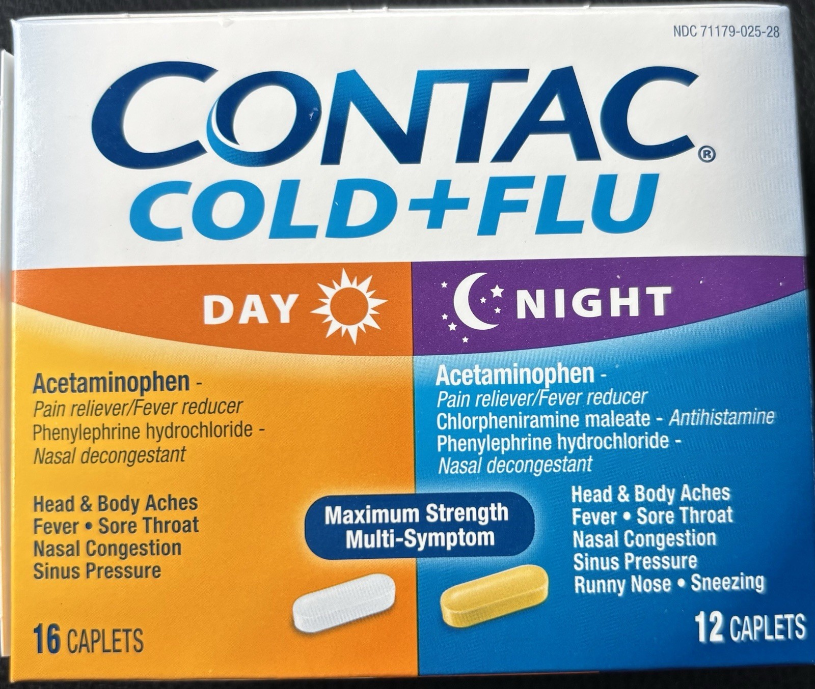 Contac Cold & Flu Day + Night Caplets Maximum Strength 28 Ct EXP 10/27