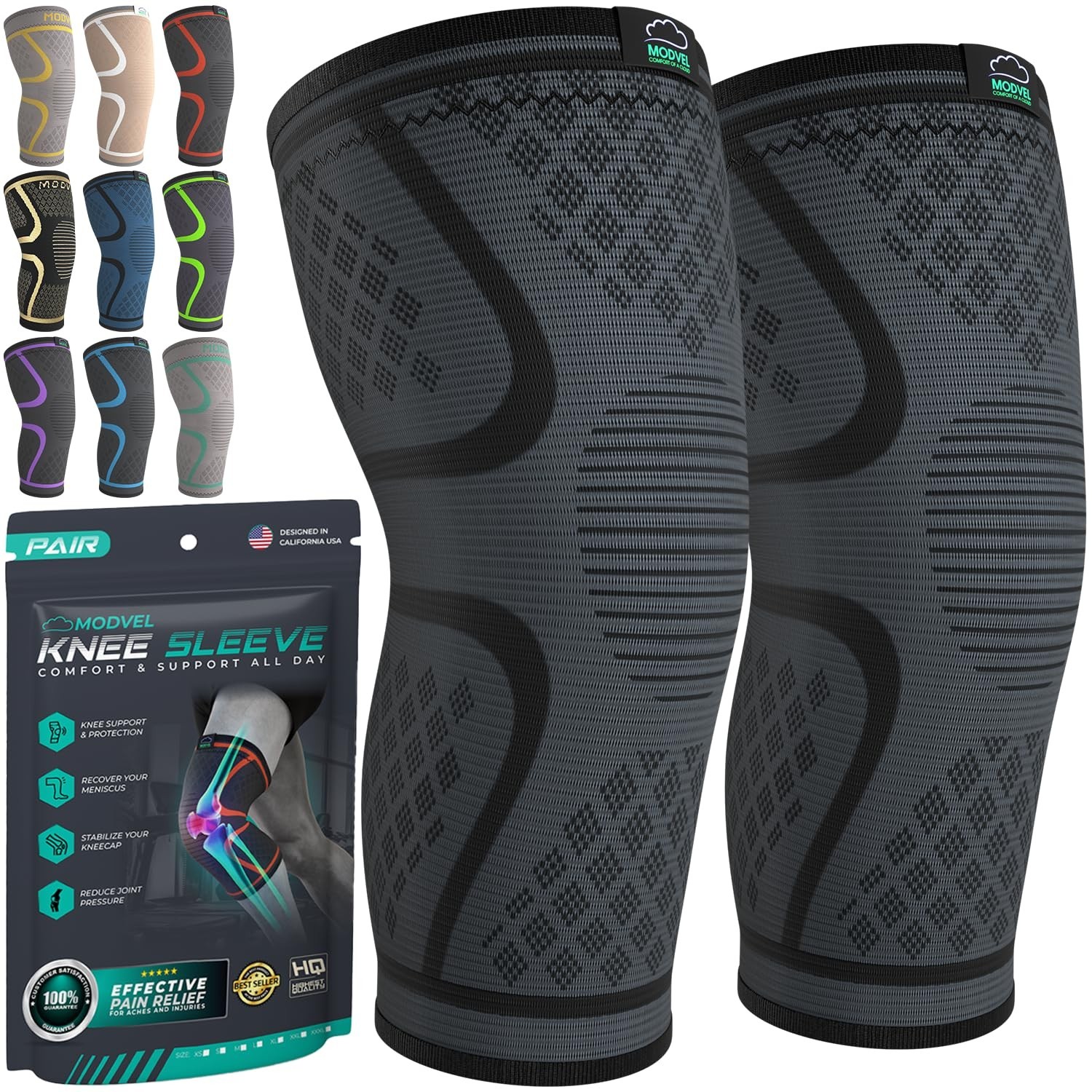 Modvel 2 Pack Knee Compression Sleeve Brace Support Men Women Running Pain