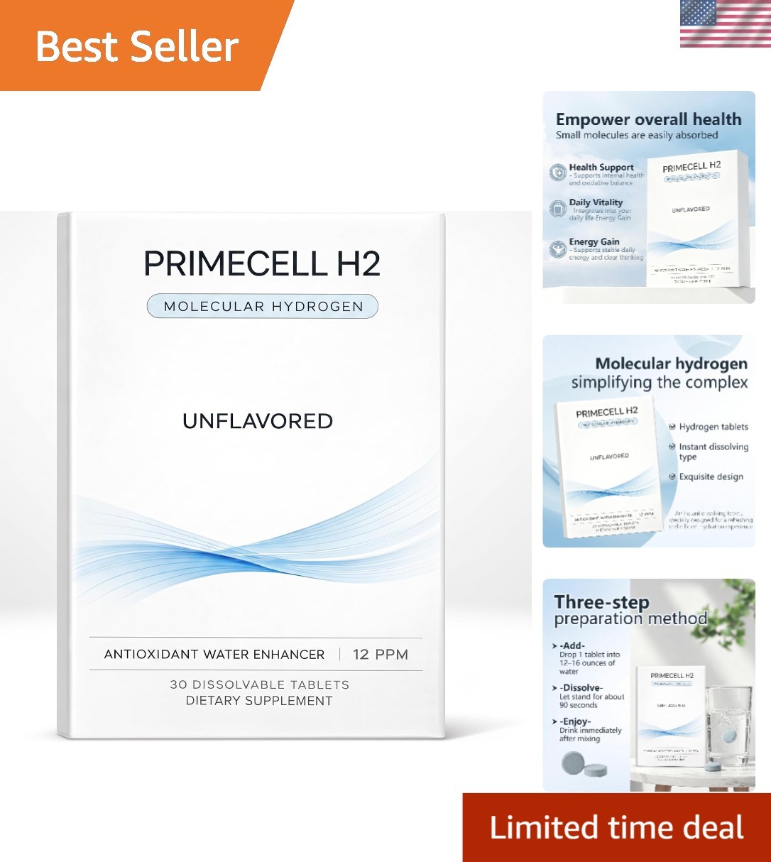 PRIMECELL H2 Molecular Hydrogen Tablets, 30 Count | Supports antioxidant heal…