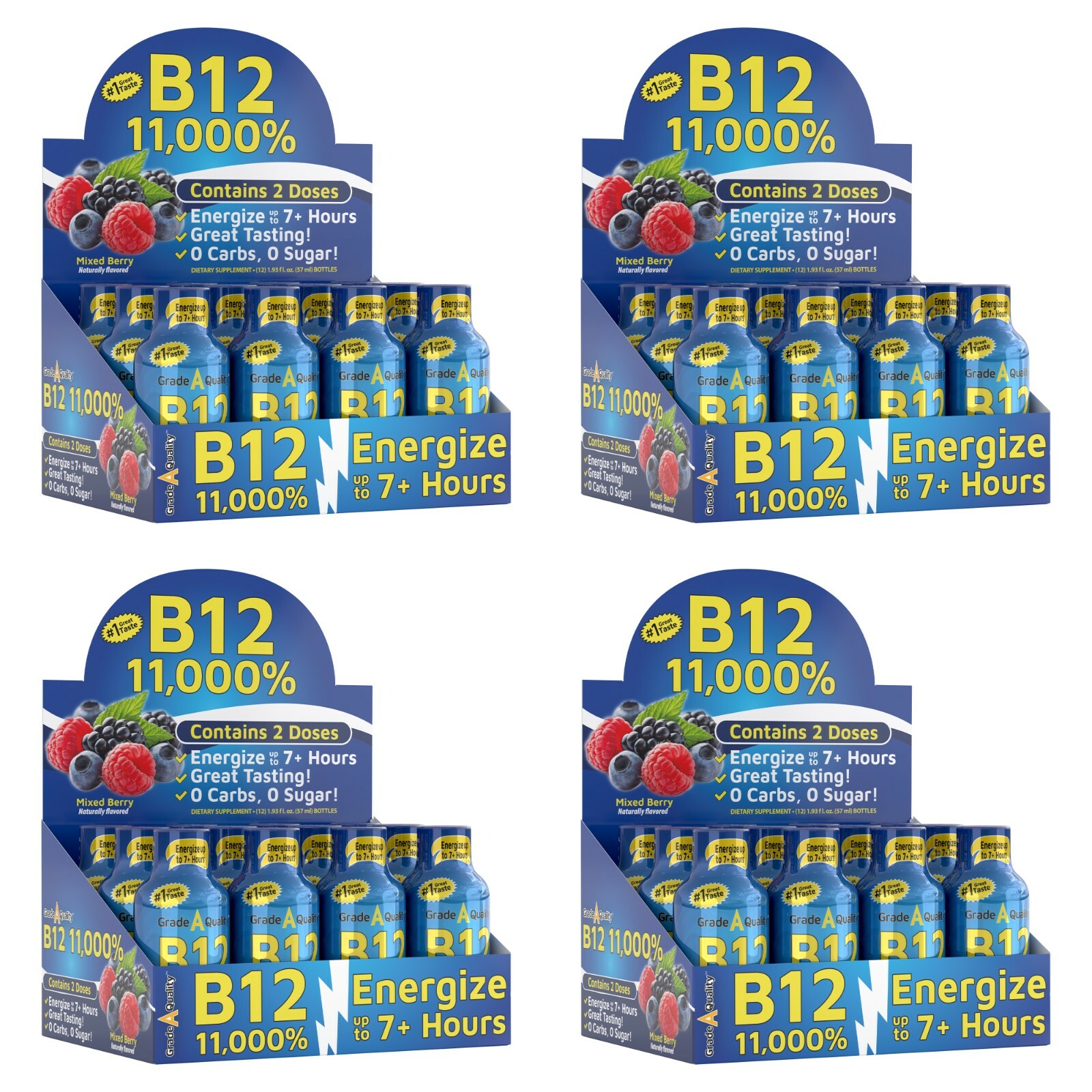 (48 Pack) Grade A Quality Energy Shots, B12 Berry, Energy Lasts Up to 7+ Hours