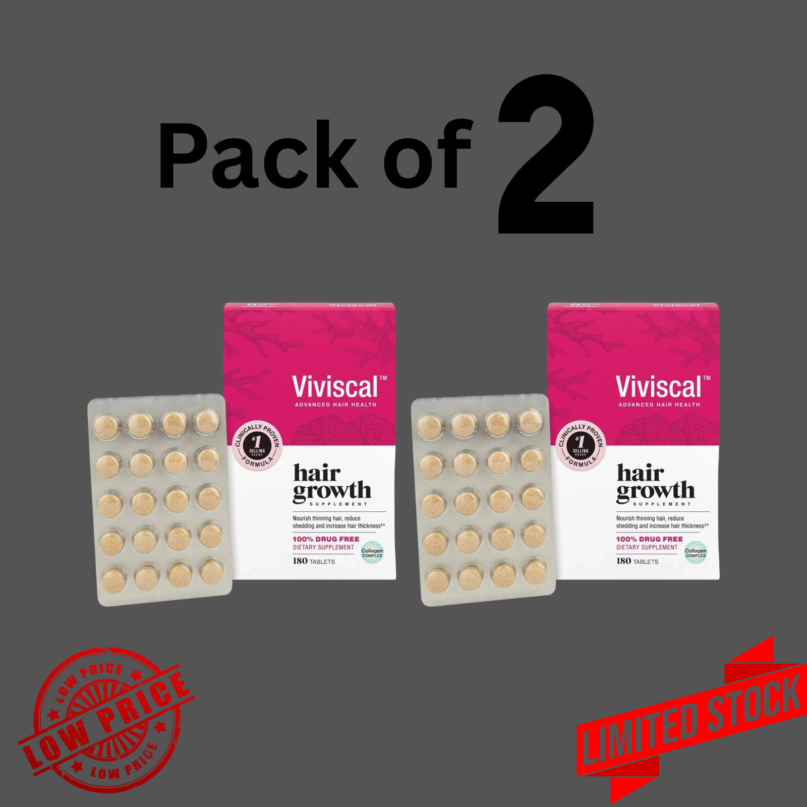 VIVISCAL Hair Growth Supplement for Women 180 Tablets – 3 Month Supply (2 Pack)