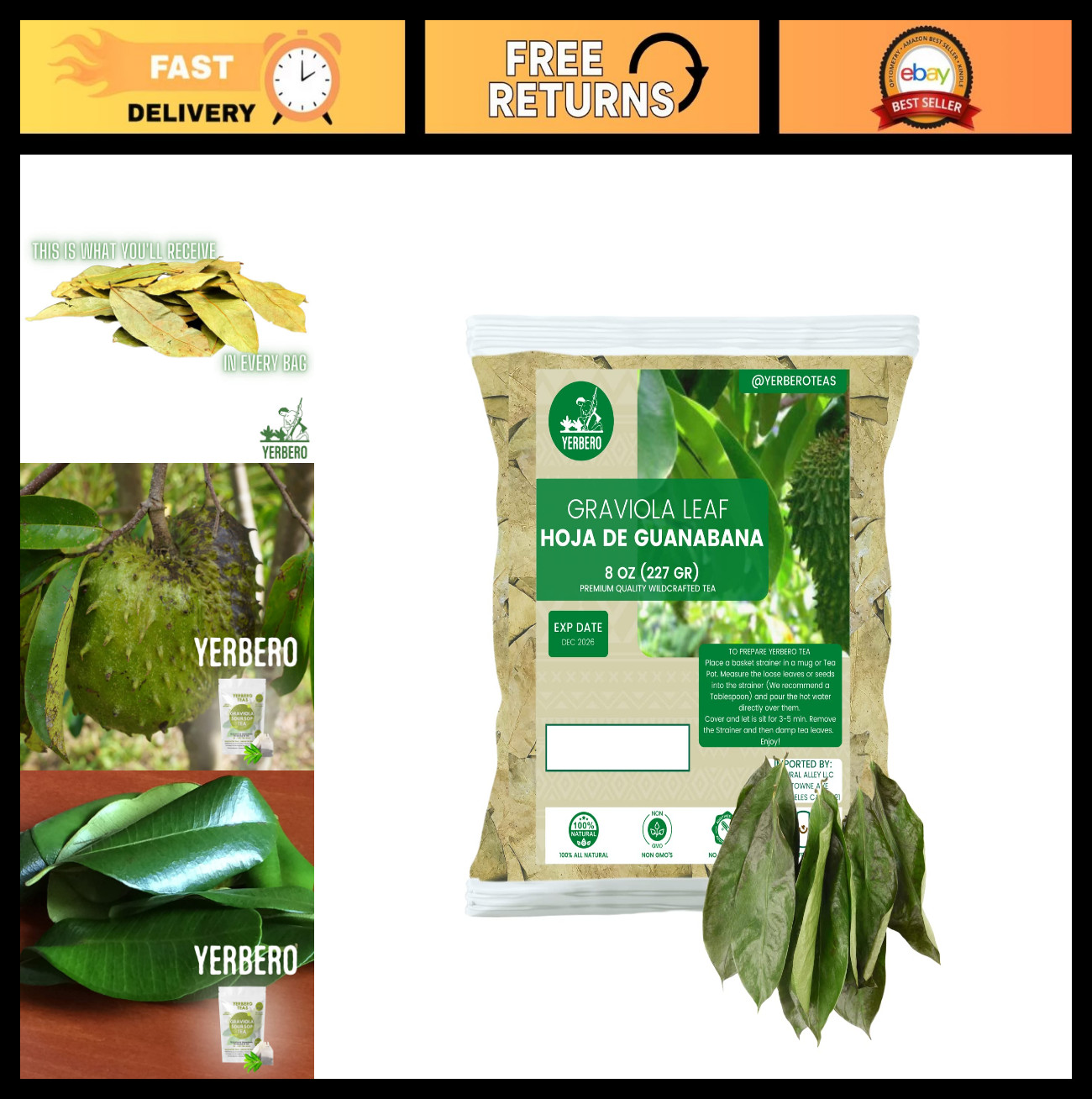 Whole Dried Graviola Soursop Leaves 8 oz – 660+ Leaves for Fresh Tea, All Natura