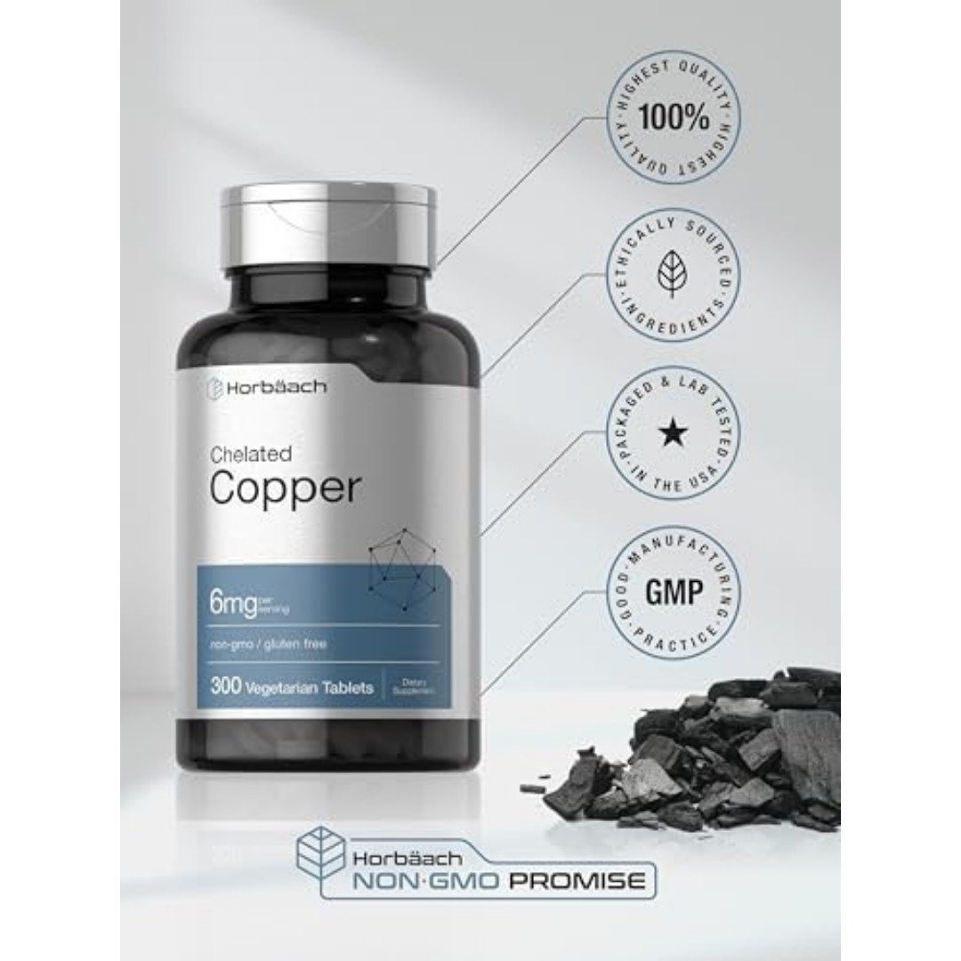 Chelated Copper | 6 mg | 300 Tablets | Vegetarian, Non-GMO | by Horbaach