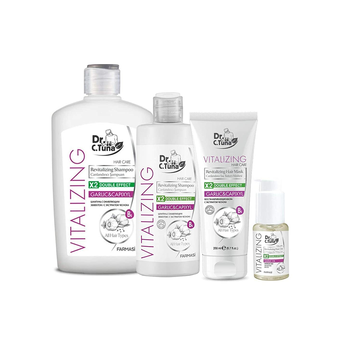 Farmasi Dr. C. Tuna ReVitalizing Garlic&Capixyl Hair Care SET, Shampoo +Mask+Oil
