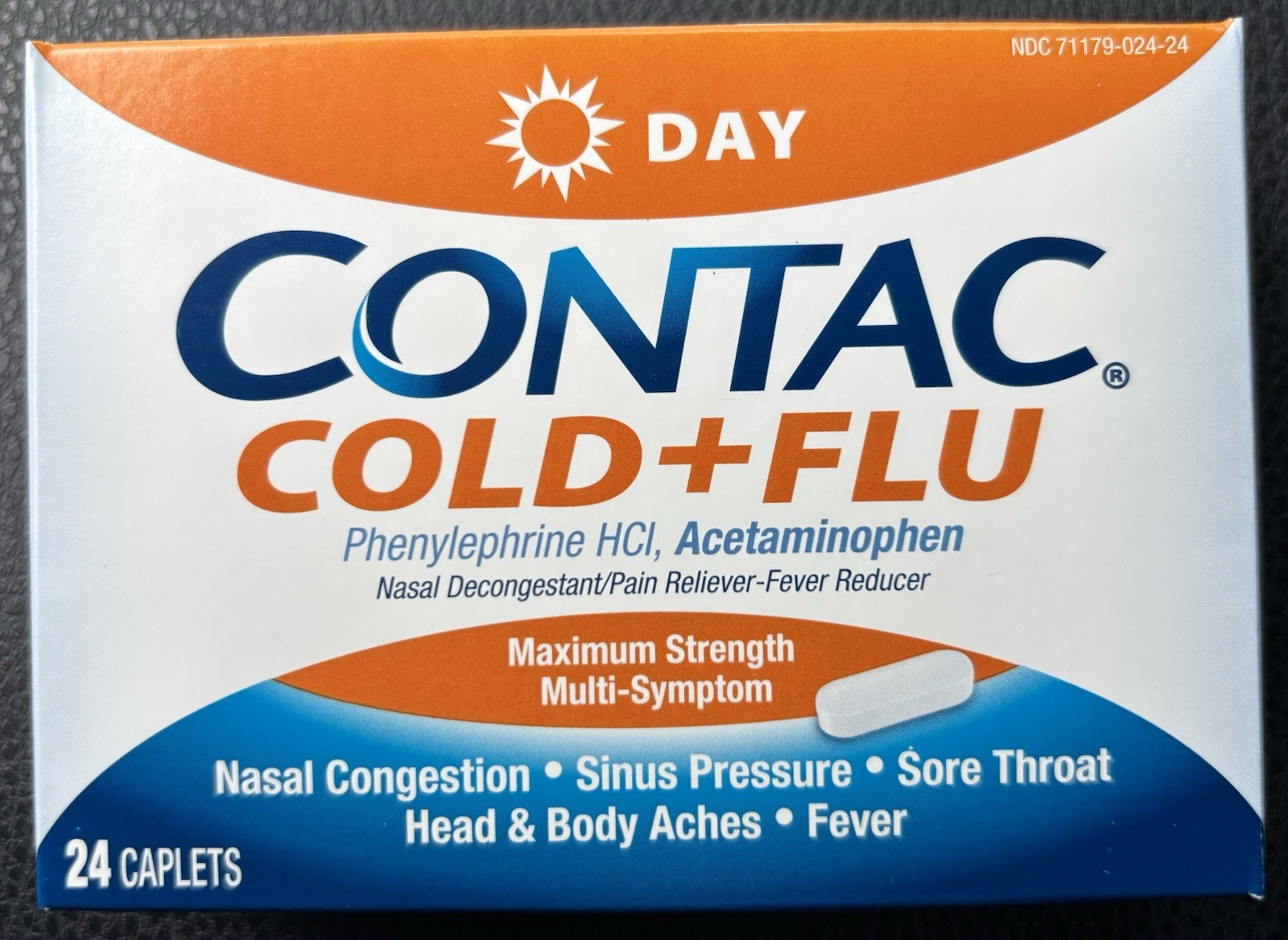 Contac Cold & Flu DAY Caplets Maximum Strength 24 Ct EXP 10/27 Cold + Flu