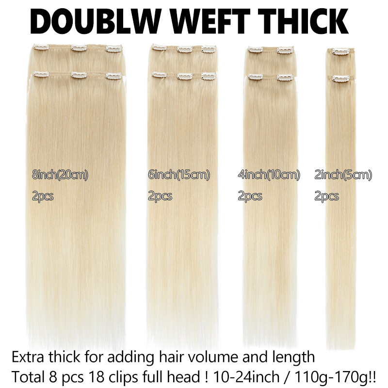 Full Head Clip In Remy Human Hair Extensions Double Wefted Thick 8Pieces 18Clips