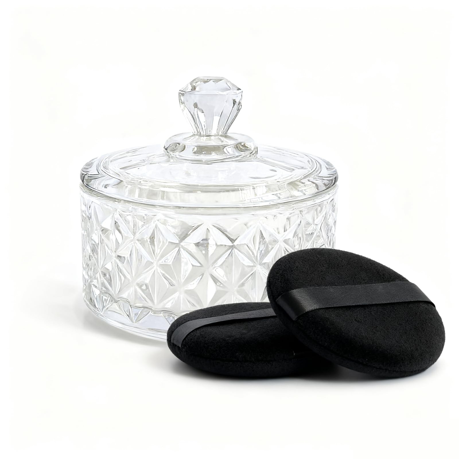 Body Powder Puff Set – 2 Large Ultra-Soft Puffs with Glass Container – Bath