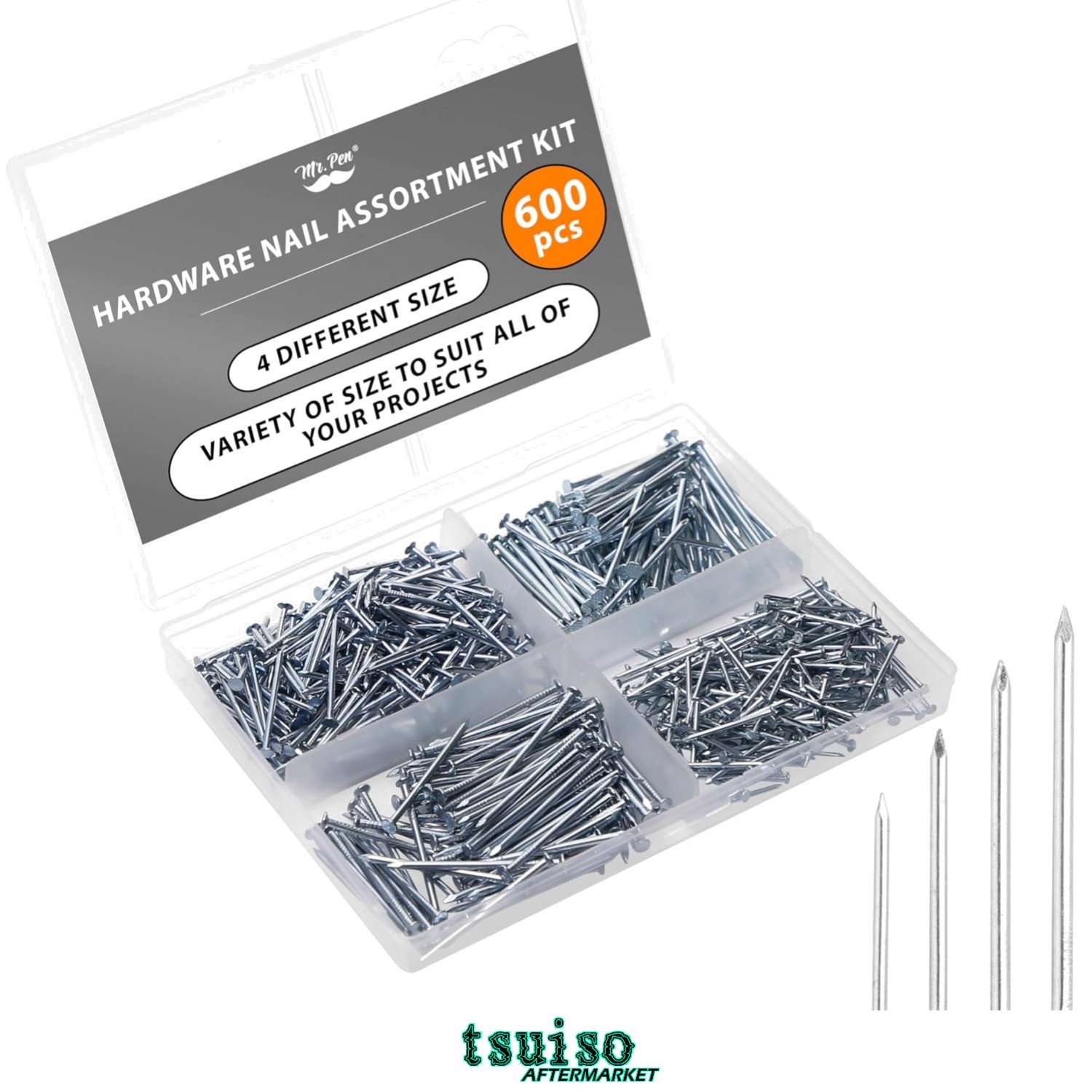 Effortless Crafting with 600 Pcs Nail Kit – 4 Sizes of Durable Silver Nails