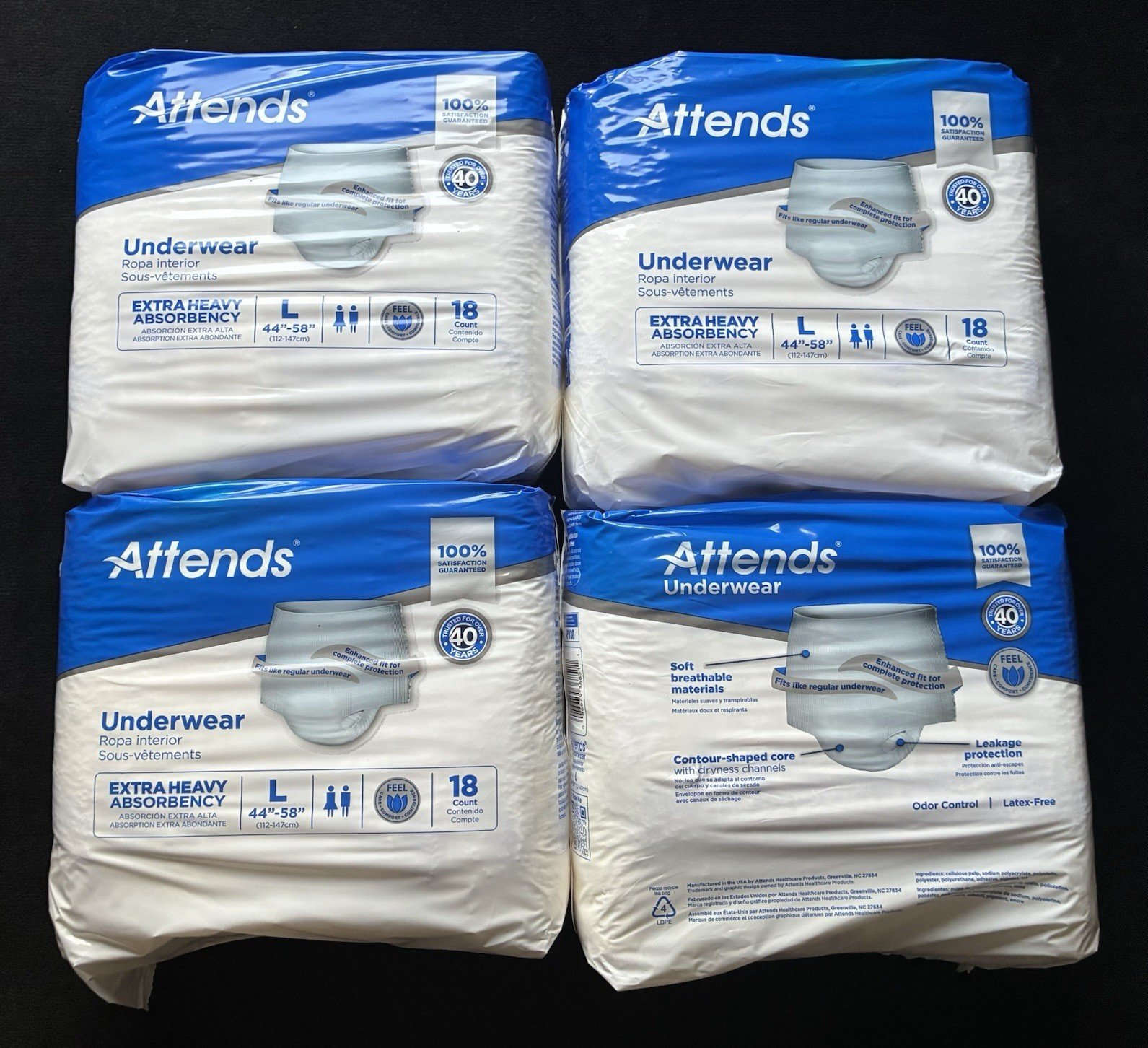 Attends Incontinence Pants Extra Heavy Absorbency L 44-58in White 72ct, lot 4