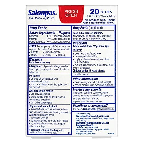 2 Pack Salonpas Pain Relieving Patches 8 Hour Relief – 20 Count Exp 03/2027