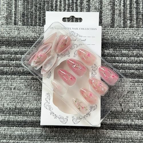 24 Pcs Pink Flower Press on Nails Medium Almond Fake Nails with 3D Pearl 3D-4