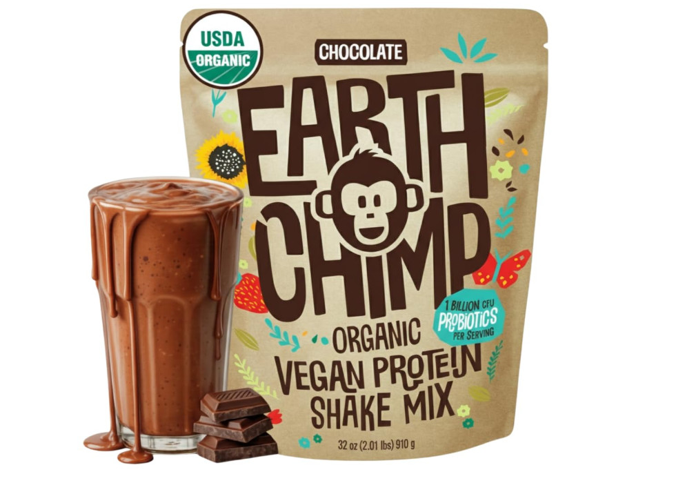 EarthChimp Vegan Protein Powder Chocolate 32oz 26 Servings Organic Plant Based P