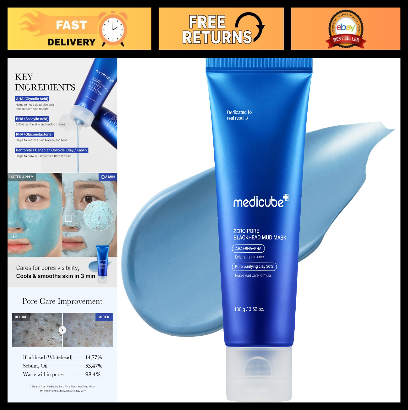 Pore Tightening Mud Mask – Quick Dry AHA BHA PHA Clay Formula – Korean Skin Care