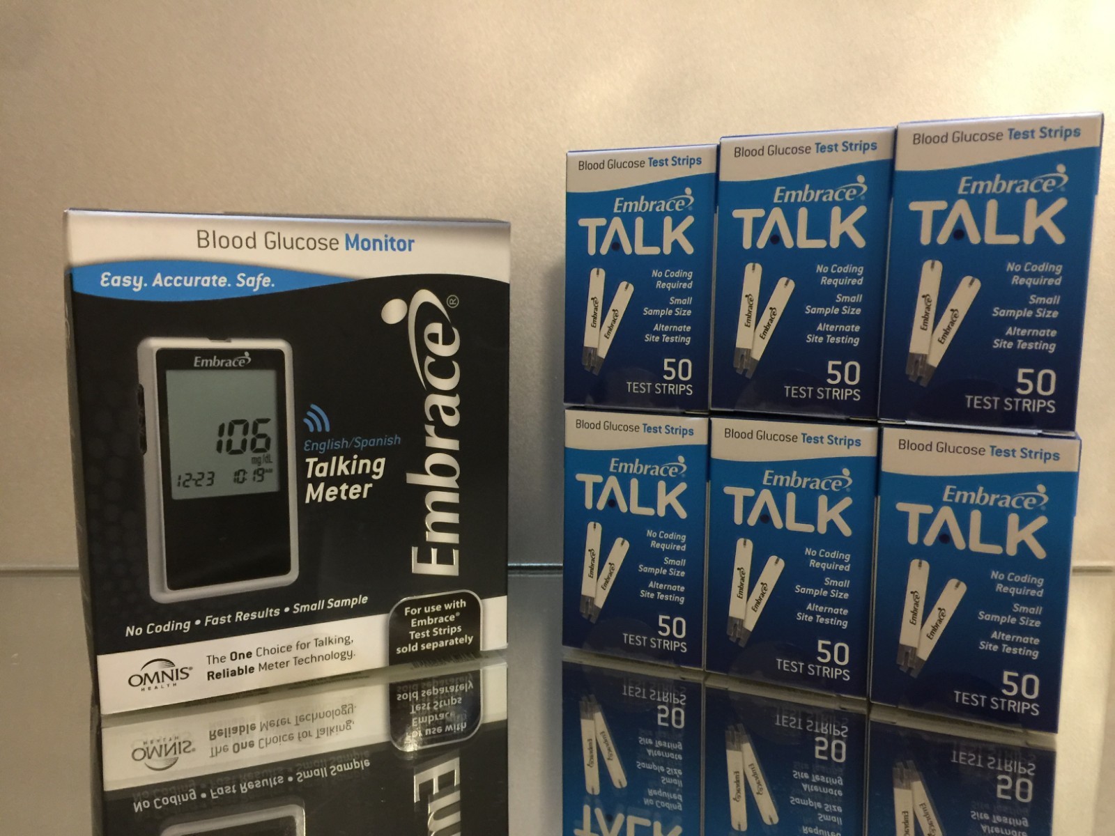 Embrace TALK Blood Glucose Test Strips 300 (CT) PLUS FREE METER. EXP 05/05/2025