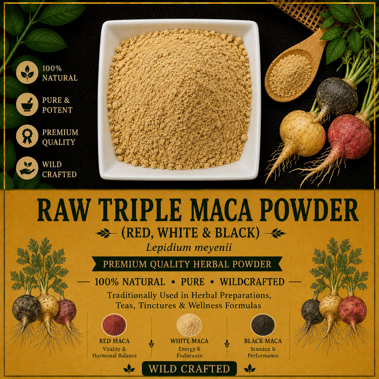 Raw Triple Maca Powder Red White Black Lepidium meyenii Herbal Powder | Fresh