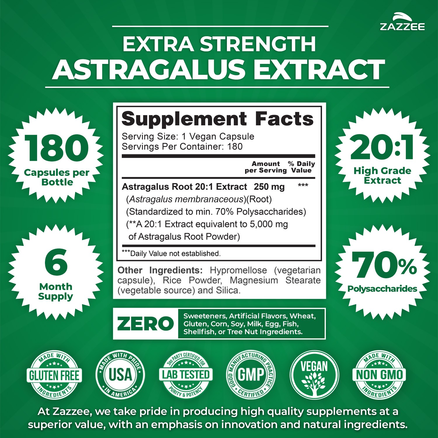 Extra Strength Astragalus Root 20:1 Extract, 5000 mg Strength 180 Vegan Capsules