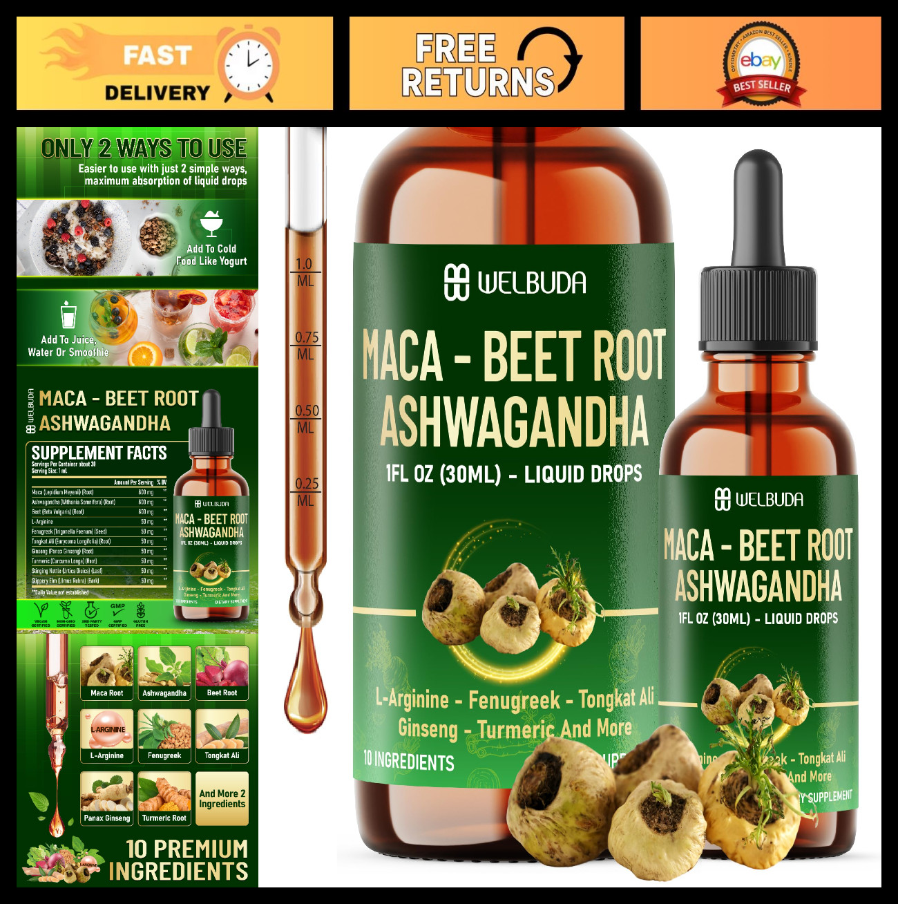 10-in-1 Maca Root Liquid Drops with Ashwagandha, Fenugreek & L-Arginine – Energy