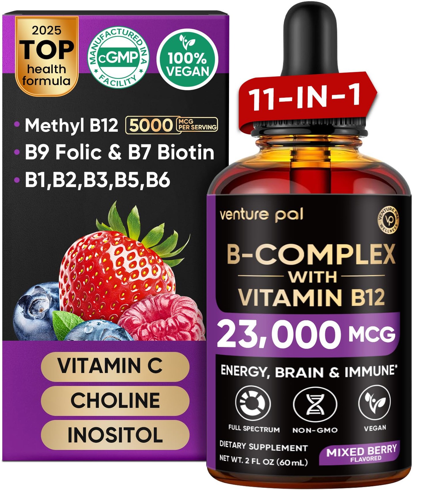 11-in-1 Vitamin B Complex Liquid Drops, B12 Methylcobalamin | B9 Folic | B1,B…