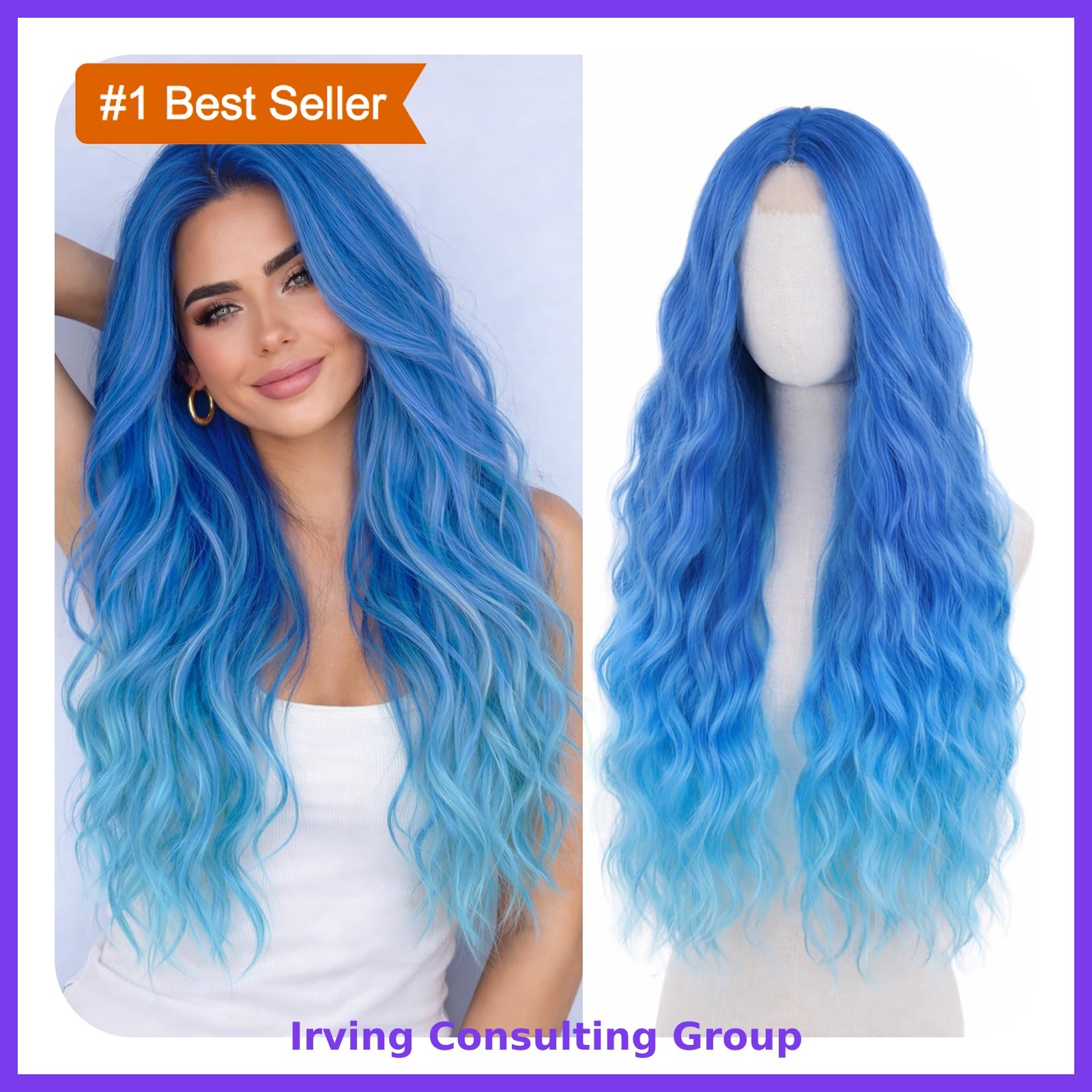 WECAN 28 Inch Mix Blue Wavy Synthetic Wig